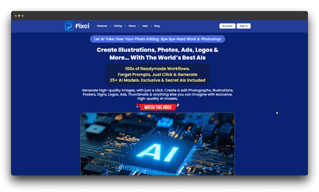 dark blue website interface for Pixci, promising to let AI take over photo editing and logos. It highlights "100s of Readymade Workflows" and "Forget Prompts, Just Click & Generate." This graphic promotes No Prompt AI Tools that eliminate the hurdle of Writing Prompts, positioning Pixci among top-tier AI tools using No Prompt AI. 