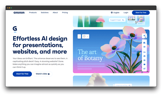 A screenshot of Gamma's landing page, showcasing "Effortless AI design for presentations, websites, and more." The interface displays vibrant, floral AI-generated imagery, illustrating versatile AI Tools for Product Managers. Al Tools for Product Managers: Product Managers: Al Tools