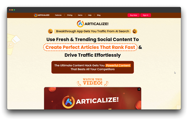 A screenshot of Articalize!, a tool for content generation and SEO. It claims to create articles that rank fast using trending social content, serving as specialized Product Managers: AI Tools for those focused on growth and marketing. Al Tools for Product Managers: Product Managers: Al Tools