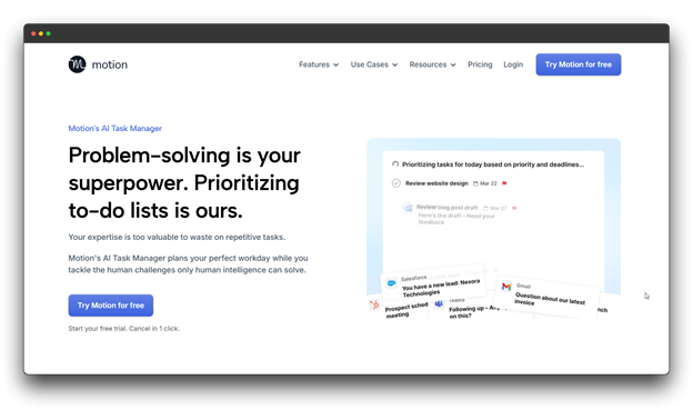 A screenshot of Motionβs landing page, featuring an AI Task Manager. The text reads "Problem-solving is your superpower. Prioritizing to-do lists is ours." This tool represents a productivity-focused option among AI Tools for Product Managers. Al Tools for Product Managers: Product Managers: Al Tools