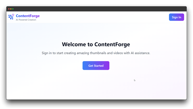 The welcome screen for ContentForge, an AI Writing Assistant Tool focused on AI-powered creation for thumbnails and videos. The clean interface highlights its role as a versatile AI Writing Assistant for digital creators. 