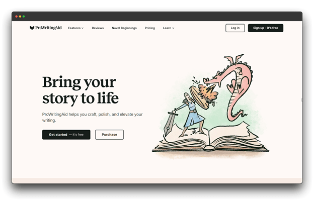 screenshot of the ProWritingAid homepage, a powerful AI Writing Assistant, featuring a creative illustration of a knight fighting a dragon. It highlights how the Best AI Writing Assistant Tool helps users craft, polish, and elevate their storytelling.  Al Writing Assistant: Al Writing Assistant Tool: Best Al writing Assistant Tool