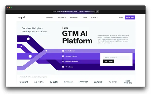 A screenshot of the Copy.ai website, an AI Tool for Content Creation, highlighting its "GTM AI Platform" for various marketing tasks, including "Create Content," as a comprehensive AI Tool.