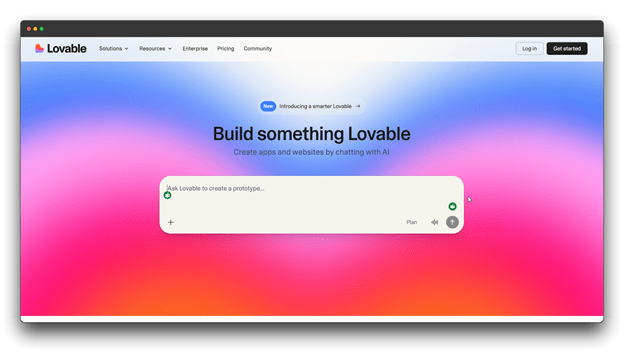 A screenshot of the Lovable landing page, which allows users to "Build something Lovable" by chatting with AI to create apps and websites. It features a colorful gradient background and a central chat bar, typical of modern AI Tools for Product Managers. Al Tools for Product Managers: Product Managers: Al Tools