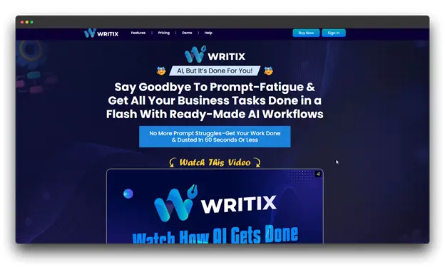 A screenshot of the Writix website, an AI Tool for Content Creation, with the headline "Say Goodbye To Prompt-Fatigue & Get All Your Business Tasks Done in a Flash With Ready-Made AI Workflows" for efficient Content Creation.