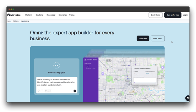 The Airtable landing page featuring "Omni: the expert app builder for every business." It shows a user interface with a map and a chat box asking "How can I help you?" This demonstrates No Prompt AI Tools that allow for building complex business apps through No Prompt AI rather than technical Writing Prompts, leading the way in professional AI tools. 