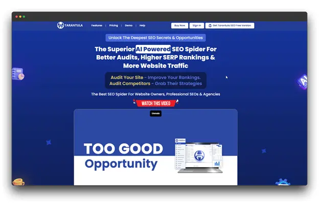 A screenshot of the Tarantula website, an AI-powered SEO tool designed to "Unlock The Deepest SEO Secrets & Opportunities," emphasizing its utility as an AI Tool for Content Creation and better search rankings.
