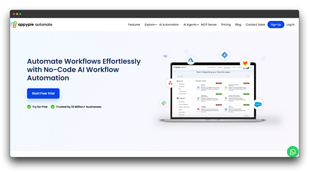A website screenshot for Appy Pie Automate titled "Automate Workflows Effortlessly with No-Code AI Workflow Automation." It shows a laptop screen with various app integrations like Slack and Microsoft Teams. This visual represents the efficiency of No Prompt AI Tools and AI tools that use No Prompt AI to link services together without needing manual Writing Prompts. 