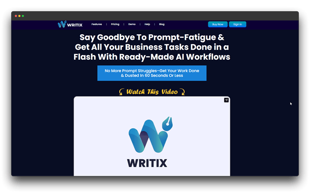 The Writix homepage featuring the headline "Say Goodbye To Prompt-Fatigue." This AI Writing Assistant uses ready-made workflows to finish business tasks in seconds, positioning itself as the Best AI Writing Assistant Tool for efficiency.   Al Writing Assistant: Al Writing Assistant Tool: Best Al writing Assistant Tool