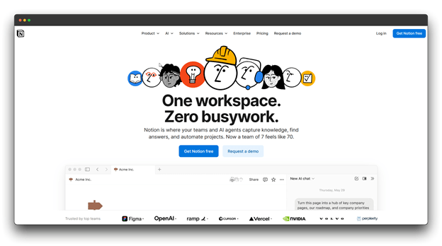 A graphic of the Notion homepage featuring the slogan "One workspace. Zero busywork." It displays various stylized character icons representing team collaboration and mentions AI agents. This illustrates how No Prompt AI Tools can capture knowledge and automate projects without users needing to master complex Writing Prompts, showcasing the power of AI tools and No Prompt AI. 