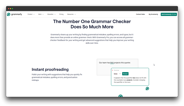 A screenshot of the Grammarly website, an AI Tool that assists with Content Creation by providing "The Number One Grammar Checker," focusing on proofreading and improving written content.