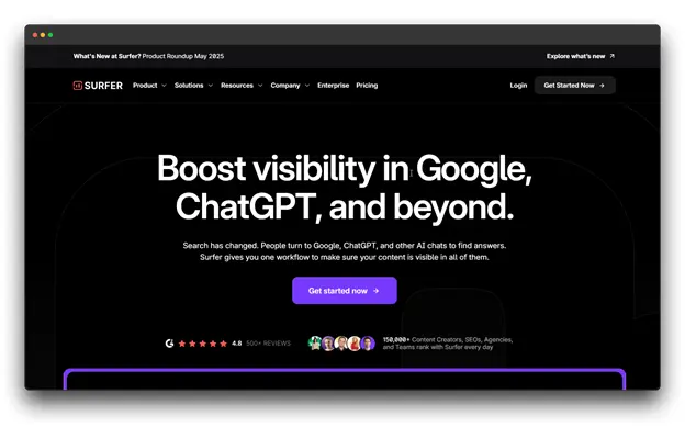 A screenshot of the Surfer website, an AI Tool for Content Creation, with the headline "Boost visibility in Google, ChatGPT, and beyond," emphasizing its role in enhancing content visibility for Content Creation.