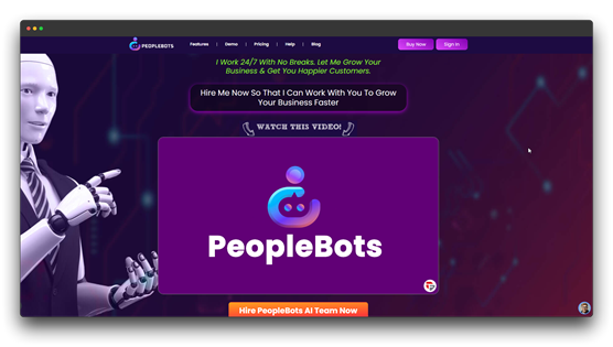 Screenshot of the PeopleBots website featuring a humanoid robot, offering a service to 'Grow Your Business & Get You Happier Customers' and promoting an 'AI Team' for faster growth. Keywords: Automating Business Tasks; Automating Business Tasks with Al; Al automation."