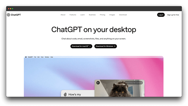 A promotional page for the ChatGPT desktop app, a widely used AI Writing Assistant. It features a clean UI for chatting about code, email, and files, solidifying its position as an essential AI Writing Assistant Tool for daily productivity. Al Writing Assistant: Al Writing Assistant Tool: Best Al writing Assistant Tool