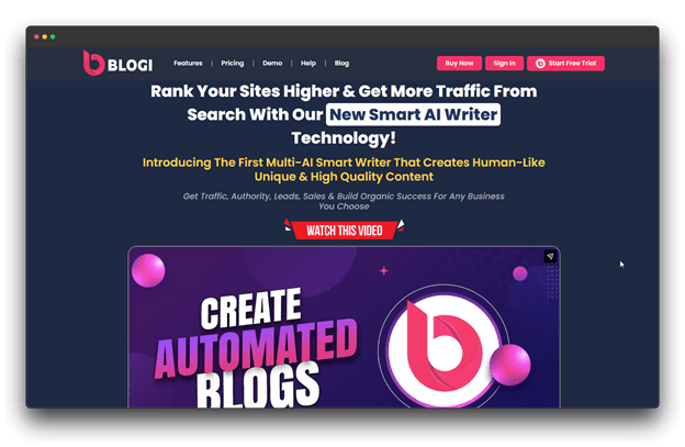 The landing page for Blogi, an AI Writing Assistant Tool designed to rank sites higher using smart technology. The graphic showcases the platform's ability to create automated blogs and high-quality content as a top-tier AI Writing Assistant.  Al Writing Assistant: Al Writing Assistant Tool: Best Al writing Assistant Tool