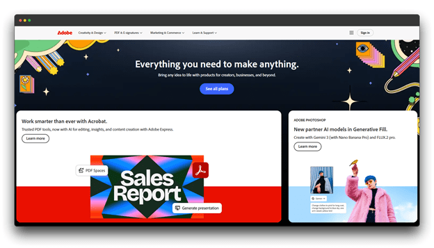 screenshot of the Adobe homepage showcasing creative AI tools and Acrobat features. The graphic emphasizes that you have everything you need to make anything with No Prompt AI Tools that simplify complex editing and content creation workflows, reducing the need for manual Writing Prompts. This is a prime example of No Prompt AI in creative software. 