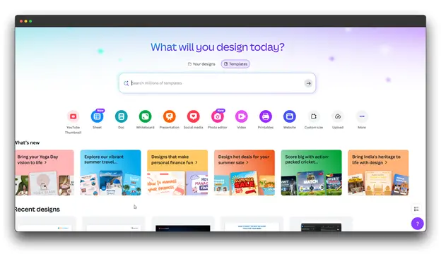 A screenshot of the Canva website, an AI Tool for Content Creation, displaying various design templates and options under the prompt "What will you design today?", highlighting its versatility for Content Creation.