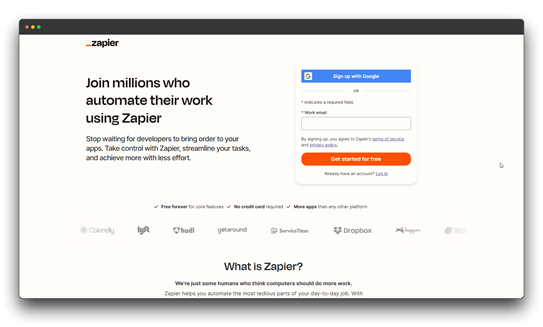 "Screenshot of the Zapier website encouraging users to 'Join millions who automate their work using Zapier' to streamline tasks and achieve more with less effort. Keywords: Automating Business Tasks; Automating Business Tasks with Al; Al automation."
