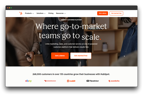 Screenshot of the HubSpot website, a customer platform where 'go-to-market teams go to scale,' uniting marketing, sales, and customer service on one AI-powered customer platform. Keywords: Automating Business Tasks; Automating Business Tasks with Al; Al automation."