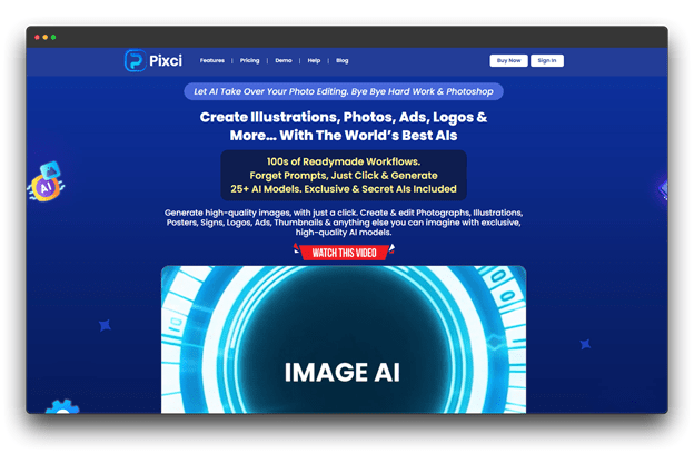 A screenshot of the Pixci homepage, a tool for photo editing and image generation. The headline reads "Create Illustrations, Photos, Ads, Logos & More..." It offers "100s of Readymade Workflows," categorized under AI Tools for Product Managers: Product Managers: AI Tools. Al Tools for Product Managers: Product Managers: Al Tools