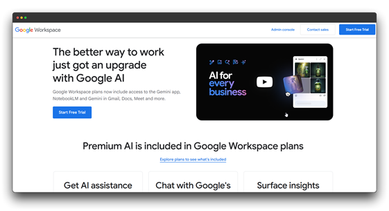Screenshot of the Google Workspace landing page promoting Google AI and Gemini, stating 'The better way to work just got an upgrade with Google AI' and 'AI for every business.' Highlights features like 'Get AI assistance' and 'Chat with Google's' (Al automation). Keywords: Automating Business Tasks; Automating Business Tasks with Al; Al automation."
