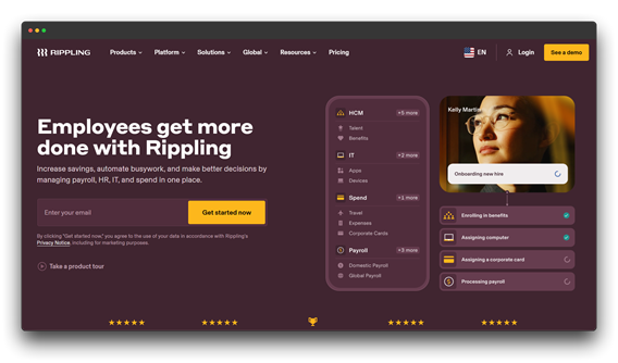 Screenshot of the Rippling platform homepage, which is designed to help Employees get more done with Rippling by managing payroll, HR, IT, and spend in one place, demonstrating automation of tasks like 'Onboarding new hire' and 'Processing payroll.' Keywords: Automating Business Tasks; Automating Business Tasks with Al; Al automation."