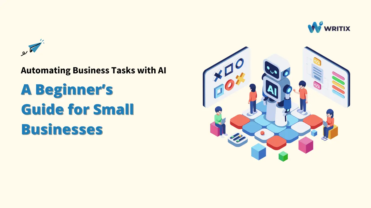 Cover image titled Automating Business Tasks with AI: A Beginner's Guide for Small Businesses, showing a large central robot (AI) interacting with small human figures on a tiled platform. Keywords: Automating Business Tasks; Automating Business Tasks with Al; Al automation."