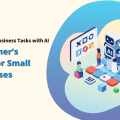 Cover image titled Automating Business Tasks with AI: A Beginner's Guide for Small Businesses, showing a large central robot (AI) interacting with small human figures on a tiled platform. Keywords: Automating Business Tasks; Automating Business Tasks with Al; Al automation."