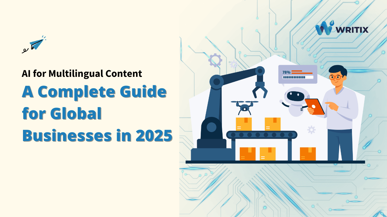 AI technology generating diverse Multilingual Content for several Global Businesses, illustrating fast content translation and localization.